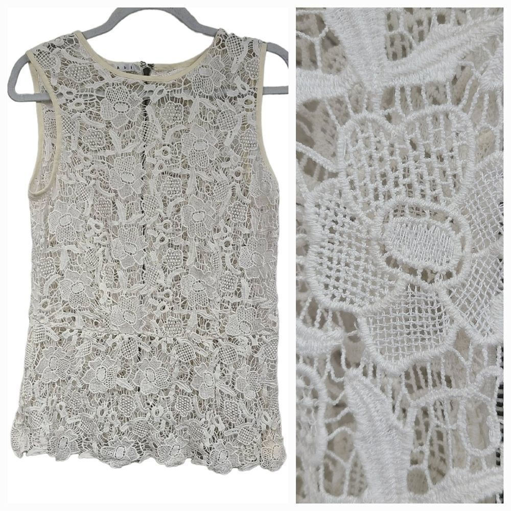 CAbi Needle Lace Shell Ivory Floral Crochet Peplum Blouse Romantic Top M Medium - Picture 2 of 14